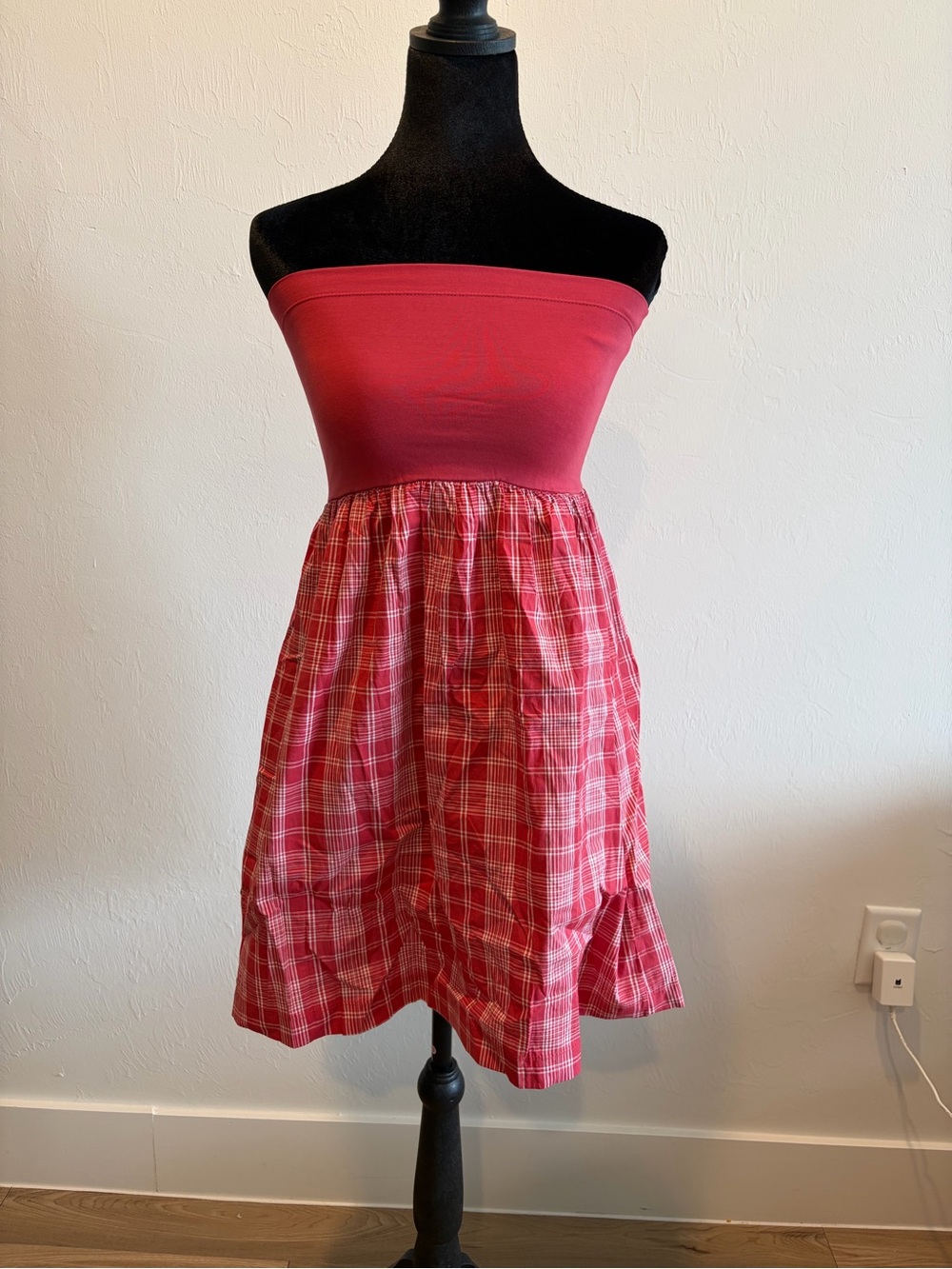 Red Strapless Plaid Skater Dress